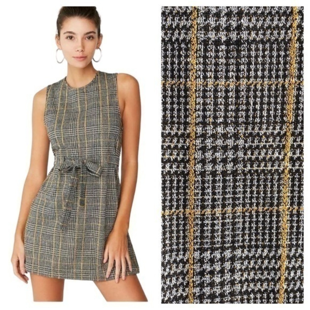 Urban Outfitters Black White Yellow Ponte Plaid Penny Belted Mini Dress Small